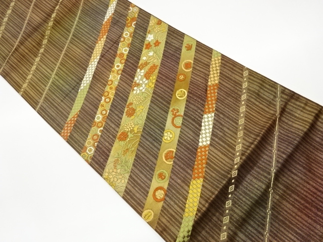 JAPANESE KIMONO / VINTAGE FUKURO OBI / WOVEN STRIPES & AUTUMN FLOWERS